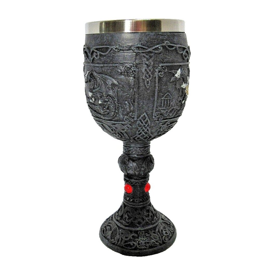 Carved Black Goblet Dragons Silver Insert UK Chalice Red Stones Gems NWT